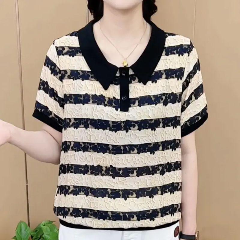 

Женская летняя полосатая футболка с лацканами: Стильная накидка свободного кроя с короткими рукавами для стройнящего эффекта 2XL