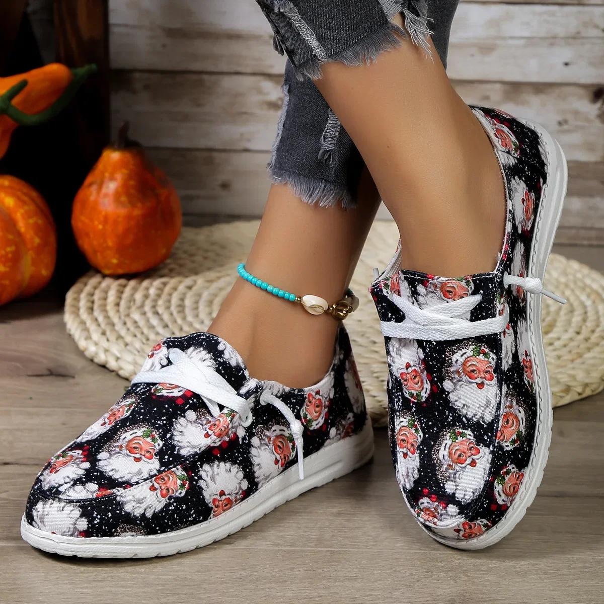 

Модные рождественские кроссовки женские одинокие парусиновые туфли осенние с принтом Санта-Клауса модные дышащие повседневные туфли на плоской подошве новогодние подарки 43 чёрный