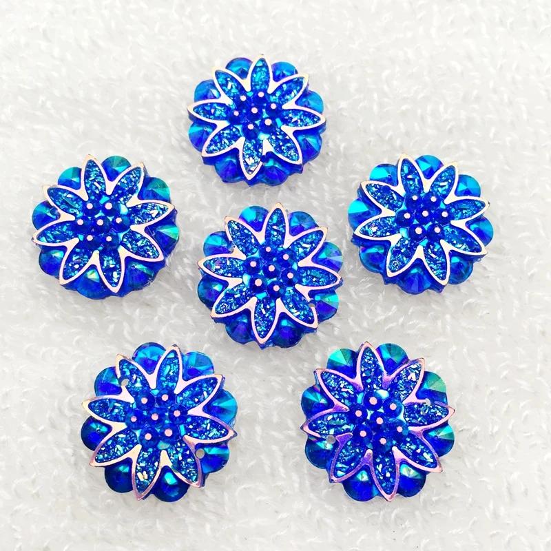 20pcs 18mm Round Flower AB Resin Crystal Strass Applique and  2 Holes Buttons for Diy Clothing - HA27