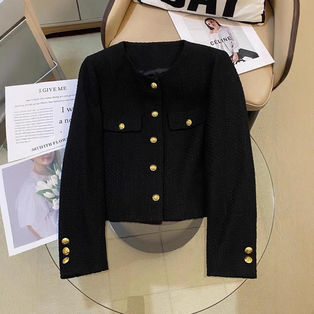 2024 High-End French Tweed Round-Neck Short Jacket with Black Velvet Lining