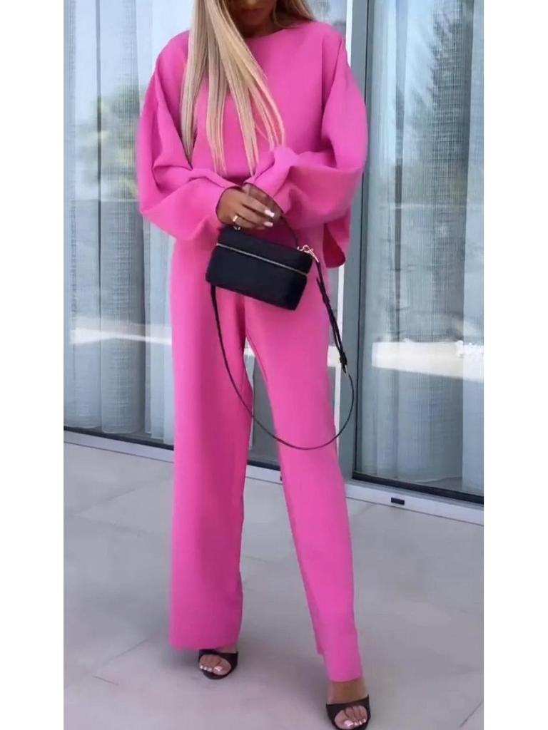 Autumn 2025 Women's Solid Color Round Neck Two-Piece Set with Long Sleeve Top & Elastic Waist Pants