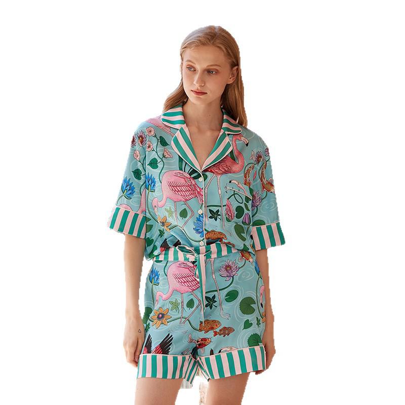 Flamingo IJszijde Zomer Pyjamaset voor Dames - Stijlvol, High-End, Buiten Draagbaar, Korte Mouwen Huispak