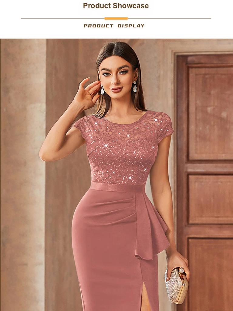 New Elegant High-Waisted Lace Bodycon Dress with Slit for Women