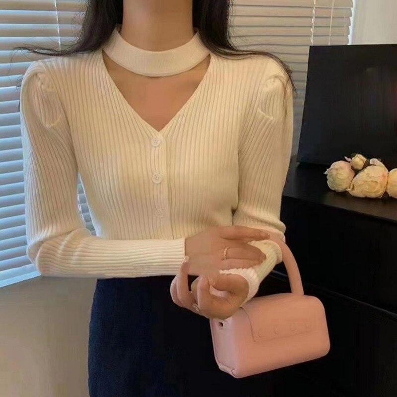 

Korean Fashion Halter V-Neck Cardigan Women Knitted Tops Autumn Winter French Style Puff Sleeve Sweater Clothes One Size білий