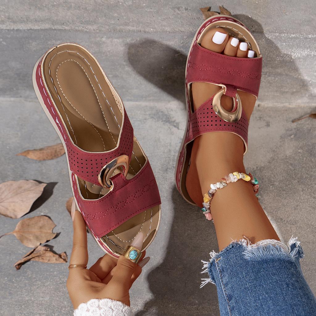 2025 outer size large size summer slope heel cool slippers sewing line thick bottom women's fashion open-toed beach one-word slippers