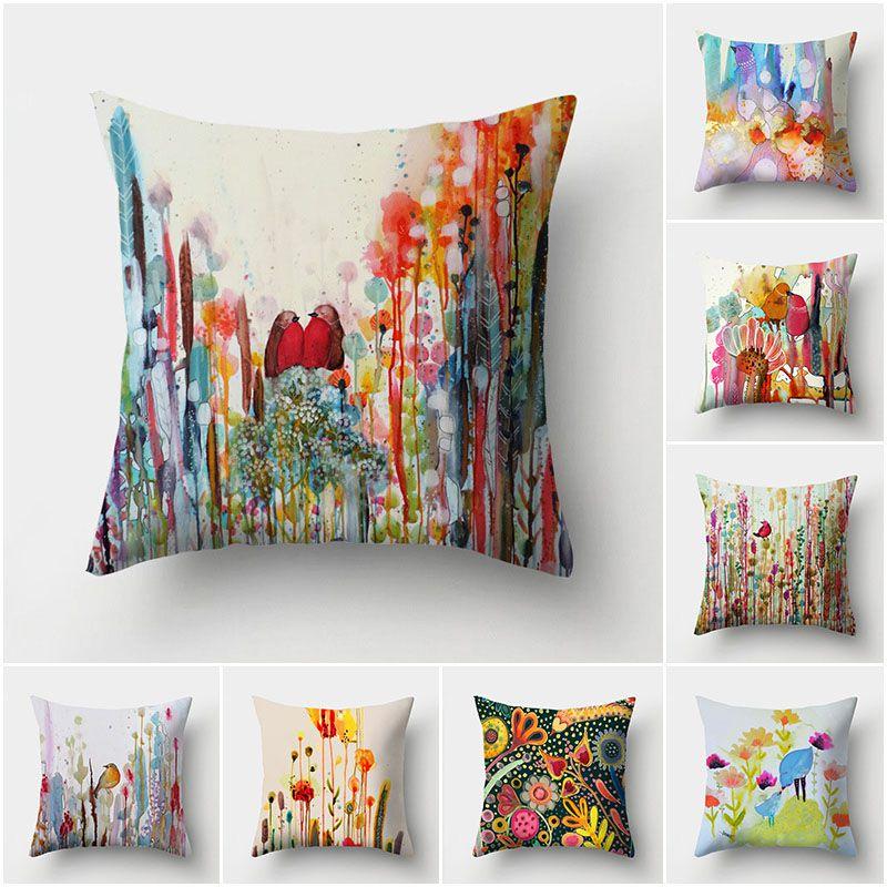 Stunning Bird Flower Pillow Case With Watercolor Design For Stylish Living Room Decor