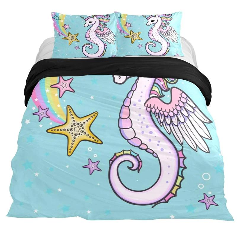 Seahorse Duvet Cover Marine Ocean Animal Print Bedding Set Mediterranean Teal Theme for Kids Women Gifts 135x200cm 2pcs