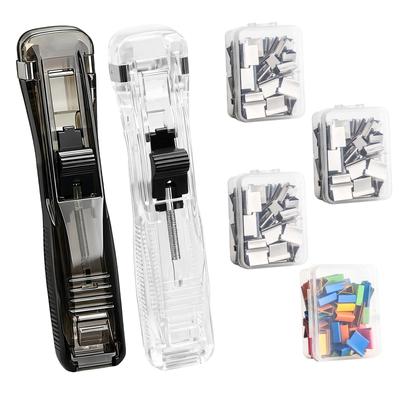 2 Stück Büroklammer-Spender mit 200 Stück Muschel-Clips Tragbarer Mini-Hefter Lochloser Schreibwaren-Druckclip und Papierklemme für Schule Büro Zuhause 2 Farben