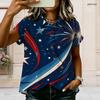 Plus Size Women Collared Short Sleeve Blouse Geometric Abstract Line Print Button Front Casual Summer Top