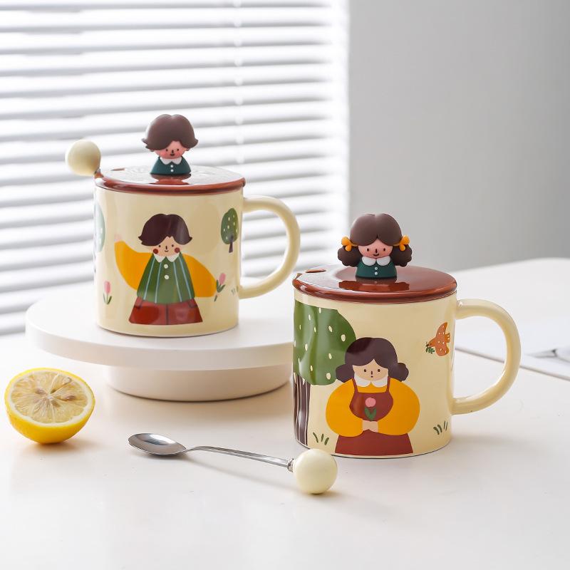Milk Fufu Cartoon Cute Cup Girls Ceramic Mug Couple Water Cup Home Office Breakfast Cup with Lid Spoon