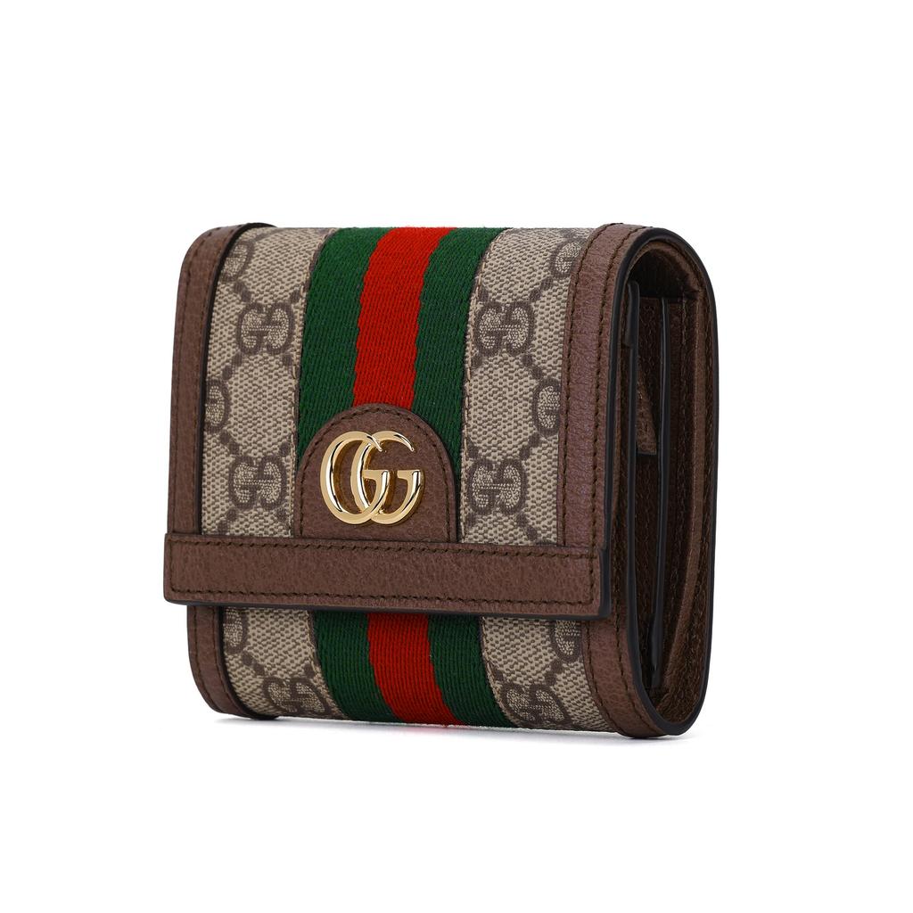 Gucci Ophidia GG Supreme Canvas Web Stripe Bi-fold Wallet With Gold Double G Logo For Unisex Luxury Daily Use