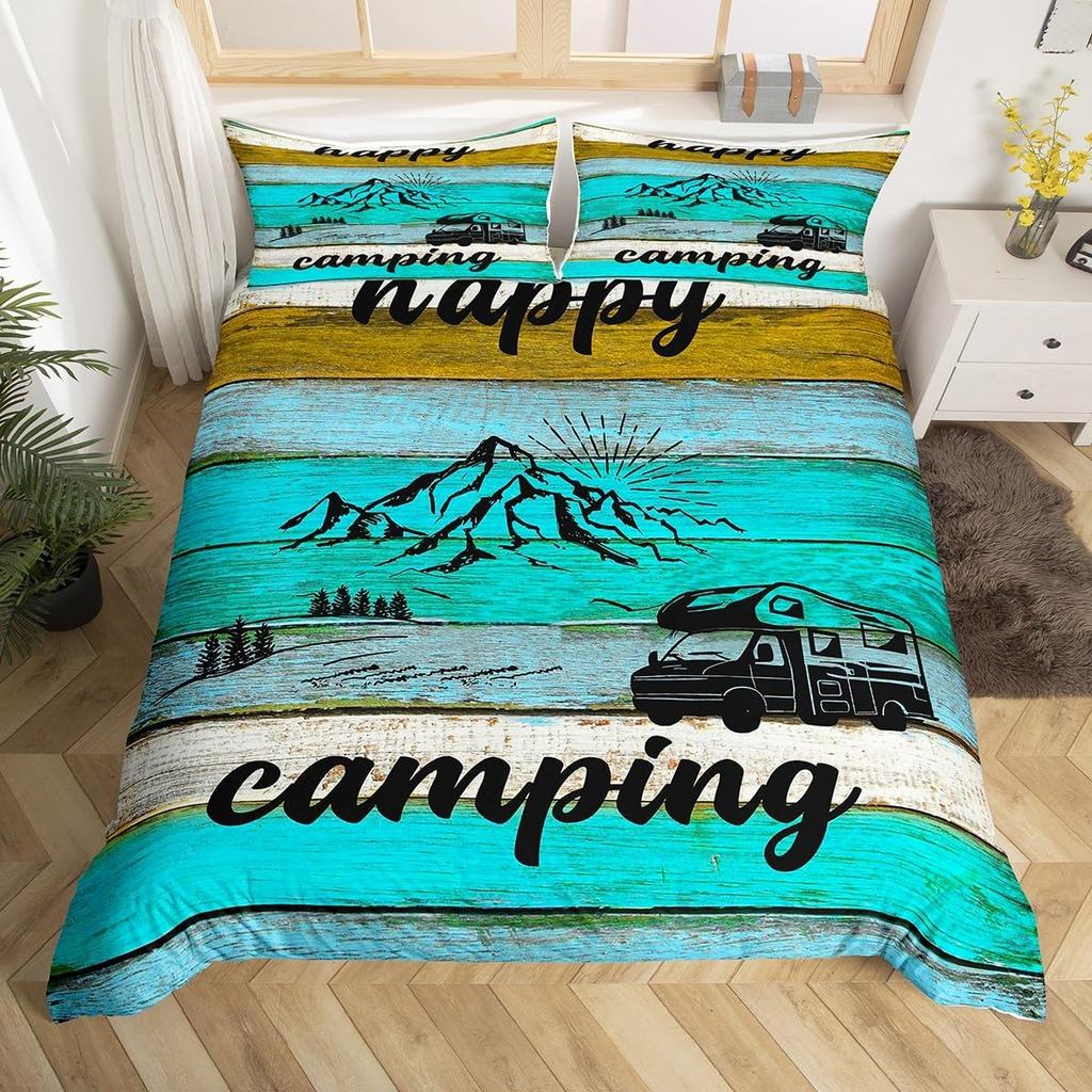 Handbemalte Bergdeko Bettbezug-Set Queen King Size Happy Camping Kinderbettwäsche für Jungen Mädchen 3-teilig mit 2 Kissenbezügen