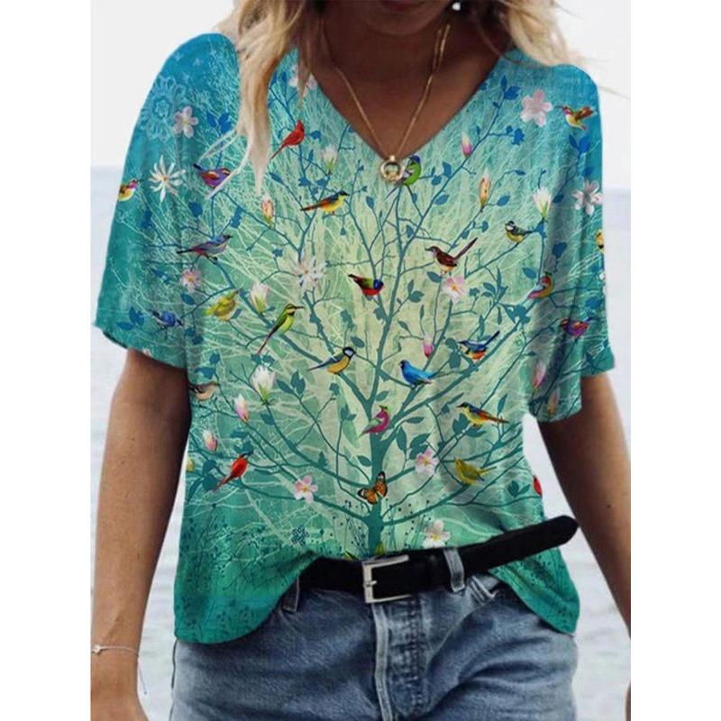 Summer V-neck 3D Bird Printed Top Fashionable Casual Short Sleeved Women's T-shirts
