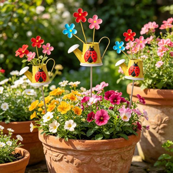 Metal Garden Stake Watering Pot Shape Bee Butterfly Cow Bunny Flowers