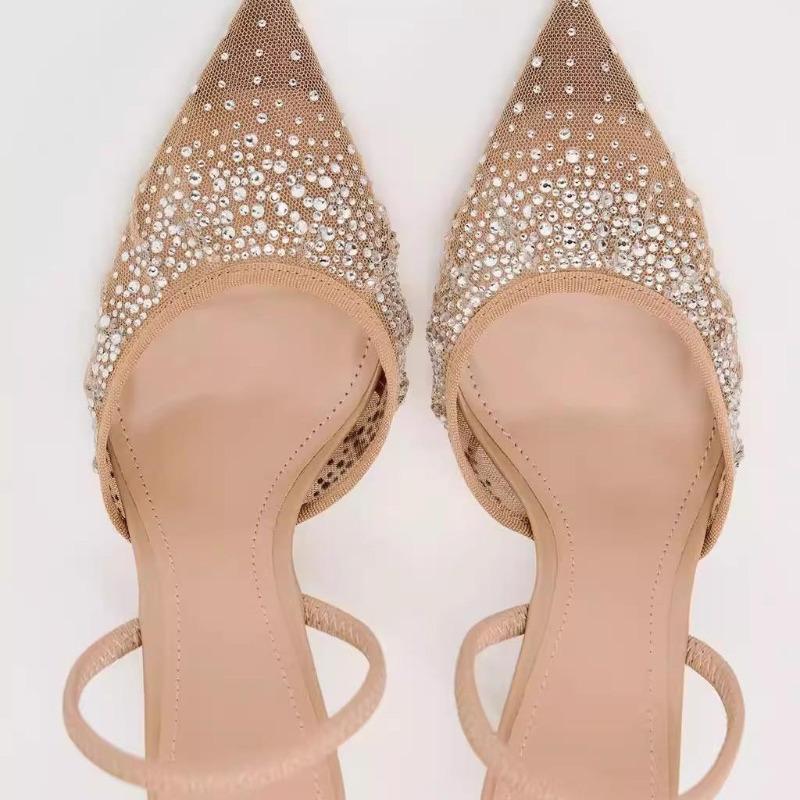 Summer Women's Sandals Rhinestone Bright Mesh High Heels Footwear Elegant Slingback Pointed Slip On Party Lady Pumps Shoes