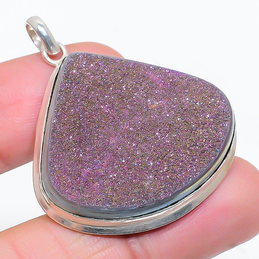 Peacock Titanium Druzy Gemstone 925 Sterling Silver Jewelry Pendant 1.85" GK-2822