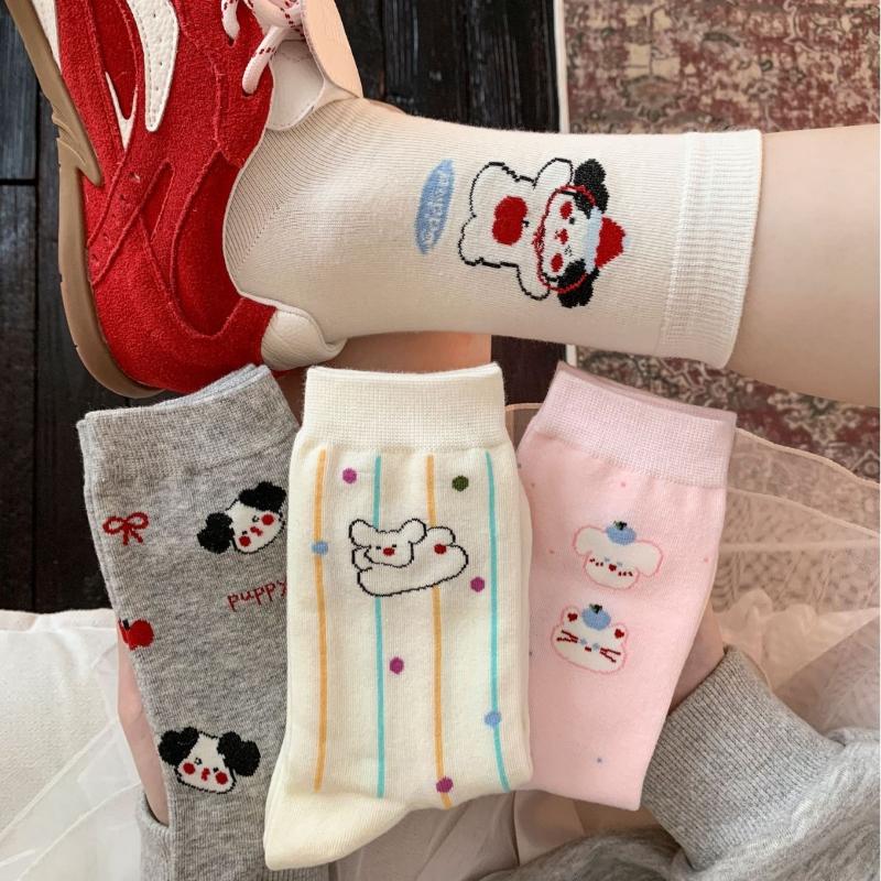 Cute Cartoon Dog, Funny Socks, Women's Mid-calf Socks, Pure Cotton Striped Polka Dot Pile Socks, Long Socks
