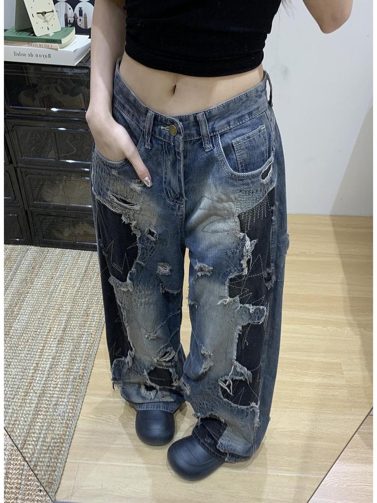 Amerikanische Retro Schwarz Tie-Dye Ausgefranste Weitbeinige Zerrissene Jeans für Damen - Trendiger Frühling Stil