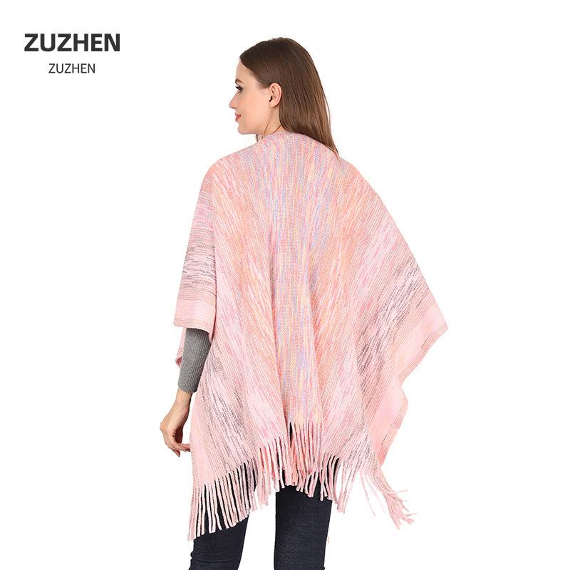 Women Gradient Space‑Dye Tassel Poncho Cape, Polyester Knit Open Front Shawl Wrap, Casual Soft Oversized Shoulder Cover Outerwear