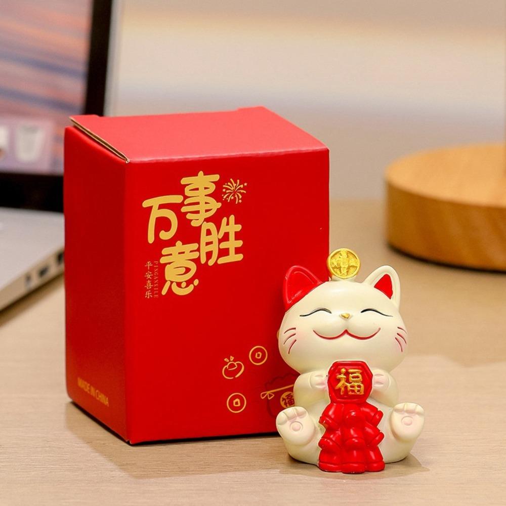Resin Maneki Neko Miniature Figure Chinese Style Fortune Cat Car Interior Ornament  Spring Festival