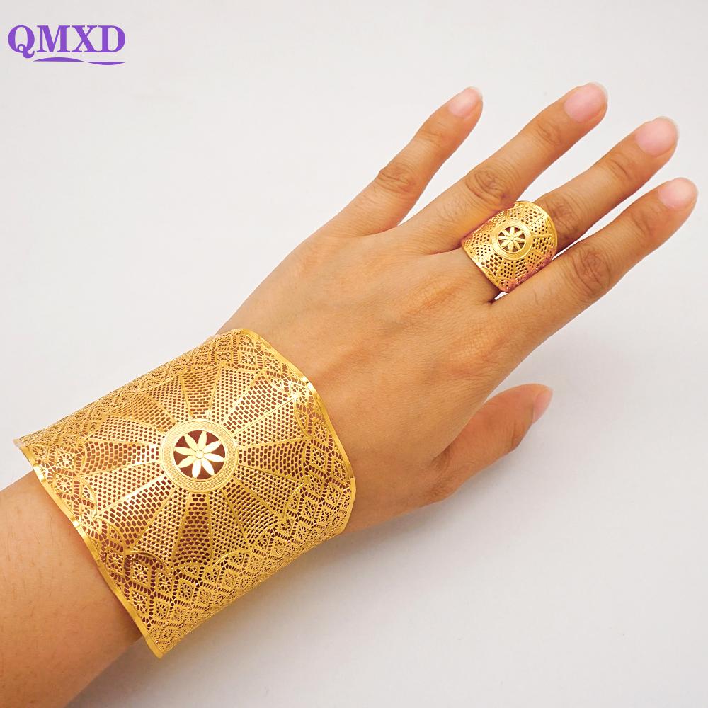 Dubai Gold Color Bangle With Ring For Women Charm Chain Cuff Bracelet Indian Bracelet Arabic France Bridal Wedding Jewelry Gifts