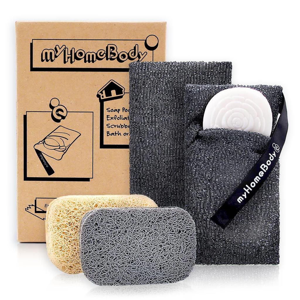 myHomeBody Soap Saver Pouch with 2 Soap Pads and 2 Soap Exfoliating Body and Shower Exfoliating Graphite Gray Pockets, Scrub, Bath, Sponge,
