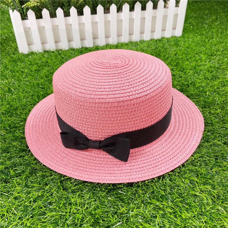 Korean Style Women's Straw Sun Hat with Flat Brim and Bow – Trendy Summer Beach Hat for Sun Protection