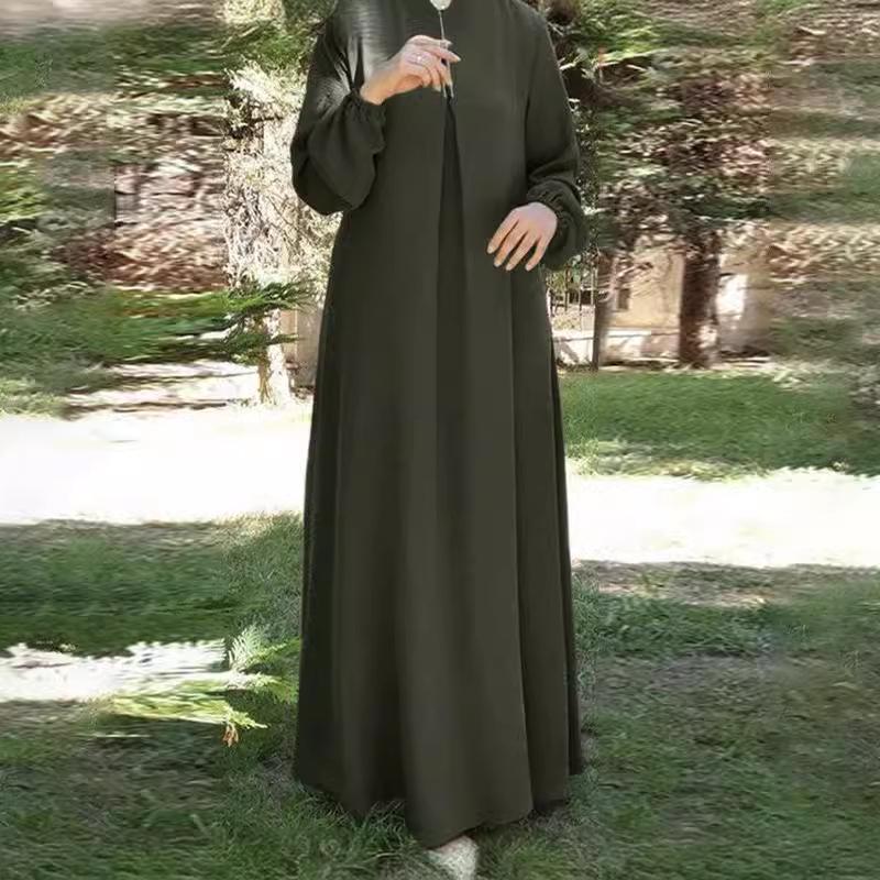 Middle Eastern Muslim Solid Color Long Sleeve Loose Round Neck Dress