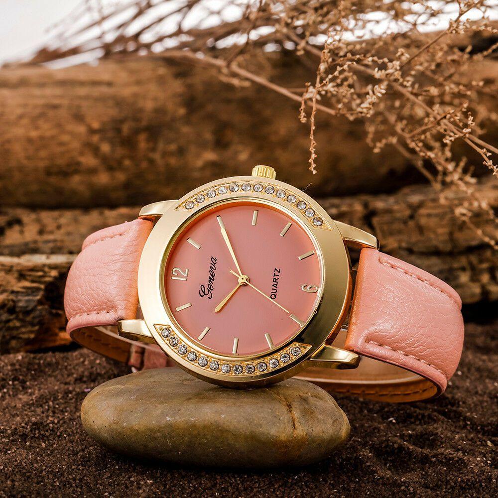 Elegant Fashion Women Crystal Artificial Leather Quartz Analog Luxury Wrist Watches