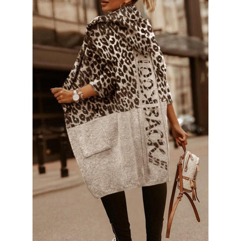 Autumn Winter Leopard Cardigan Women Knitted Sweater Pullovers Warm Thick Jumpers Maxi Brown Crochet Long Sleeve Jumper