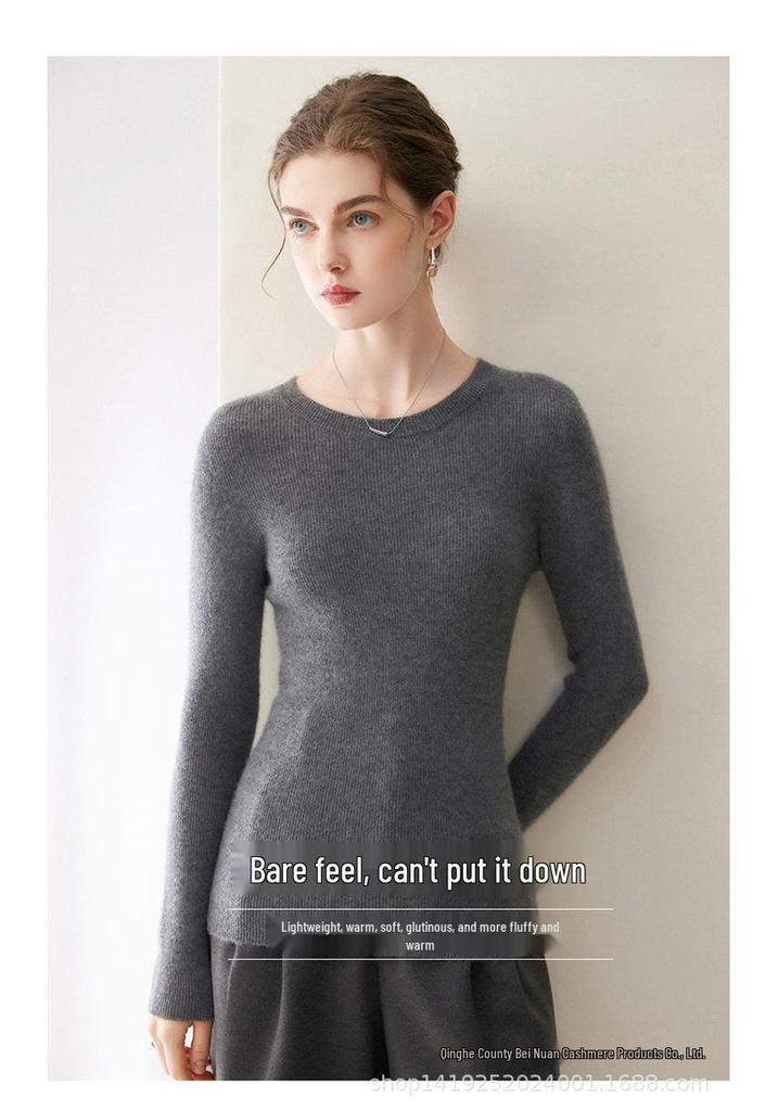 Women's 100% Pure Cashmere Seamless Sweater: Round Neck, Ribbed, Slim Fit, Minimalist Knitted Base Layer