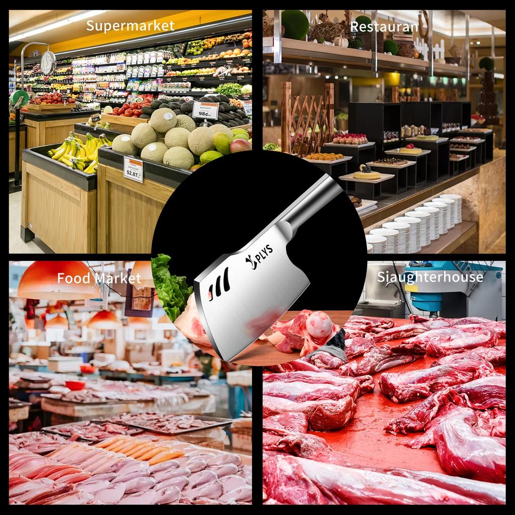 PLYS Cuchillo para picar huesos Hacha de carnicero de alta resistencia Picador de carne Hoja engrosada de acero inoxidable Hacha de cocina con mango ergonómico