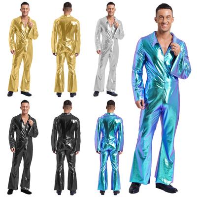 Mens 70s Disco Costume Metallic Jumpsuit Lapel Flare Sleeve Front Zipper Wide Leg Pants Rompers Vintage Raves Halloween Party
