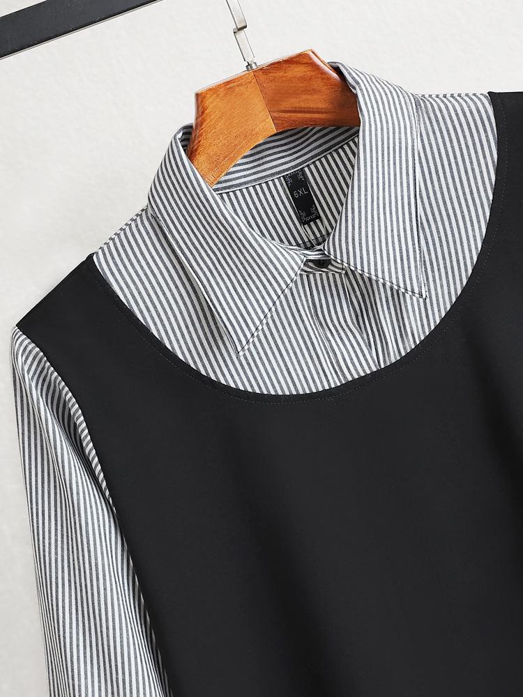 Camicia Spliced Taglie Forti: Maglia Dimagrante con Collo a Revers e Maniche Lunghe, Primavera e Autunno, Design Finto Due Pezzi - Donna 24009T