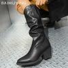 Iarnă Vârf Ascuțit Femei Cizme Înalte Piele Pliuri Toc Gros Mediu Retro Pantofi Tendință 2025 Designer Pantofi cu Toc Goth Botas De Mujer