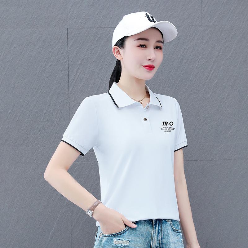 Women's 2025 Summer Large Short-Sleeve Ice Silk Lapel T-Shirt: Slim, Versatile, Breathable