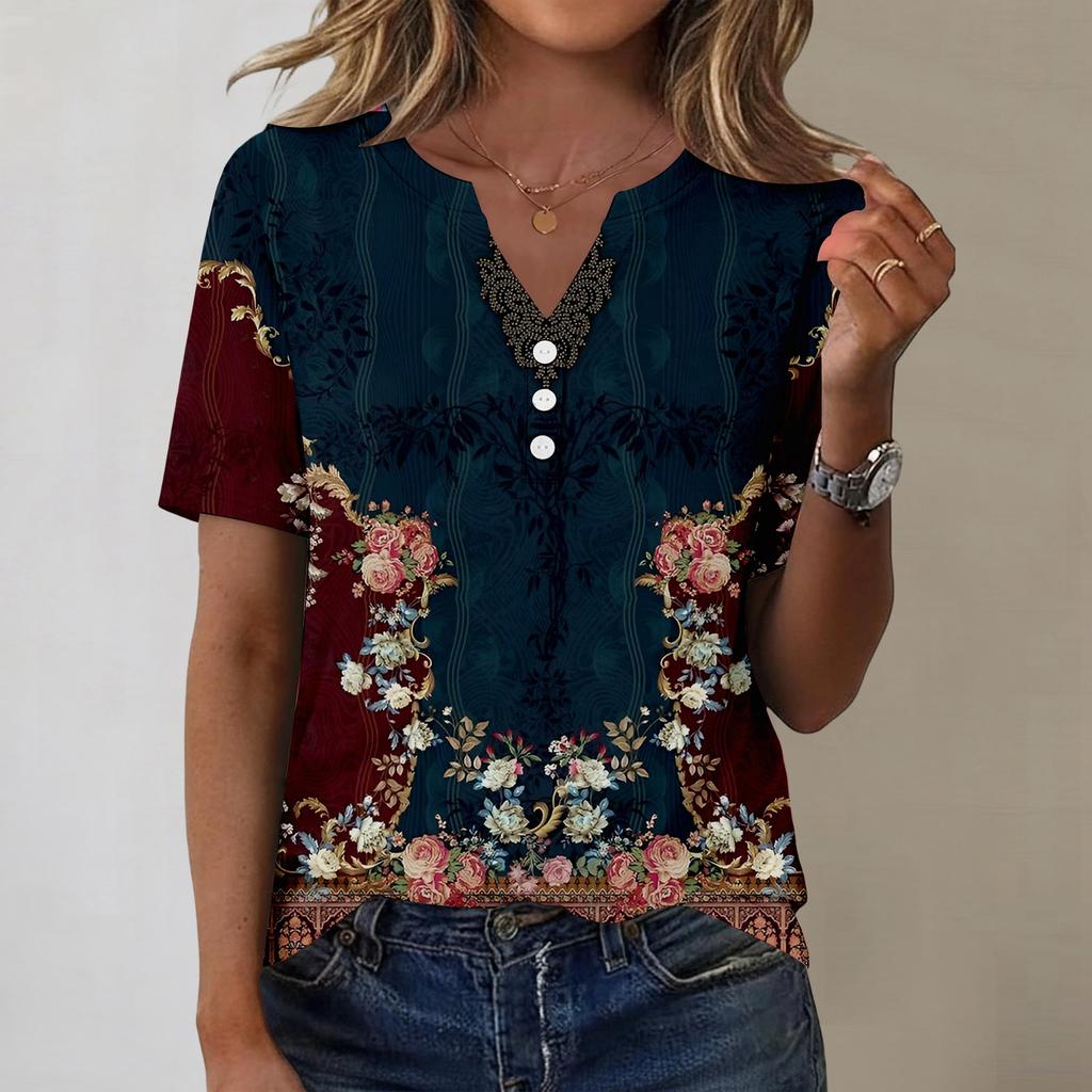 Women's Fashionable Casual Short-sleeved Retro Printed V-neck Top