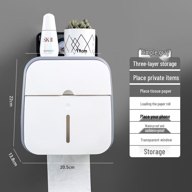 Wall-Mounted Waterproof Toilet Paper Holder & Storage Rack, Punch-Free Installation.