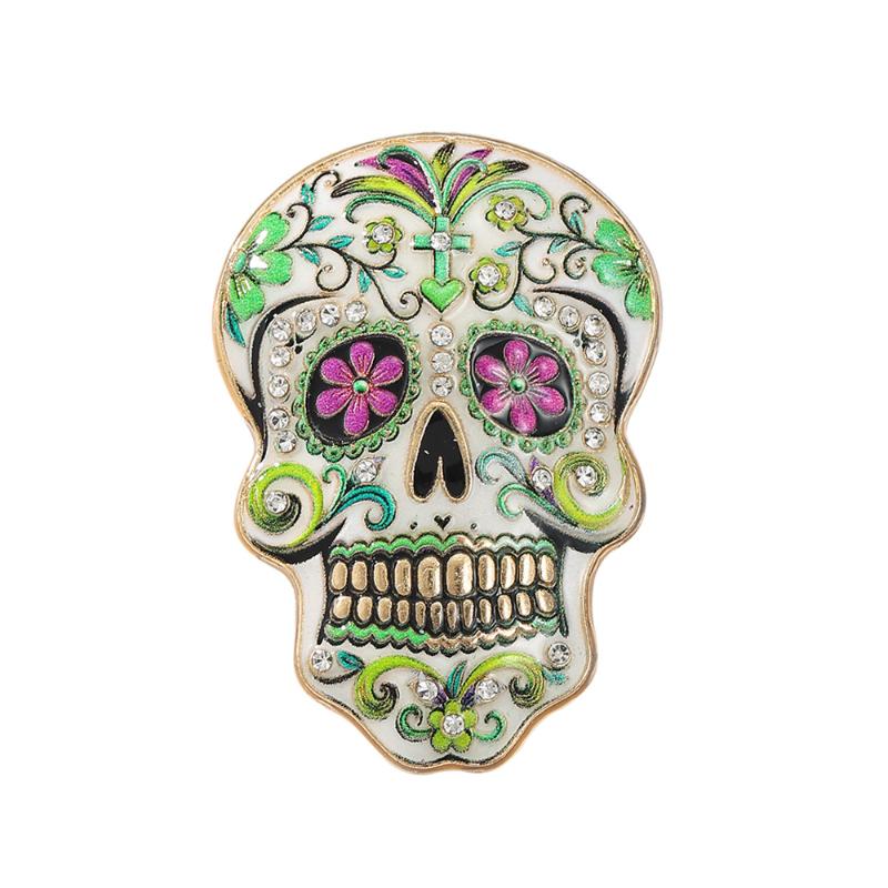 Colorful Flowers Sugar Skull Brooch With Vibrant Enamel Sparkly Rhinestone Accents For Day Of The Dead And Halloween Parties