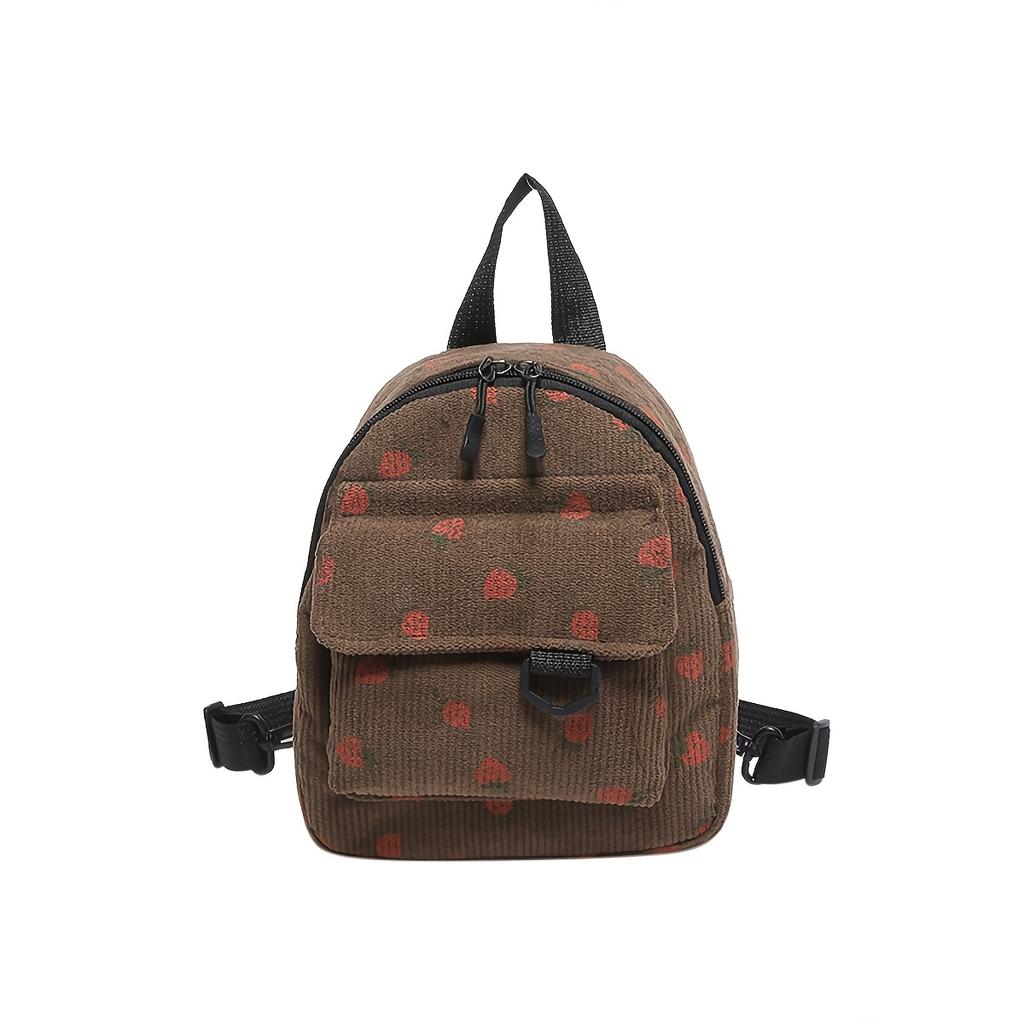 Sac à dos décontracté à la mode - Mini sac à bandoulière double en velours côtelé avec fermeture éclair, poche utilitaire, motif fruits