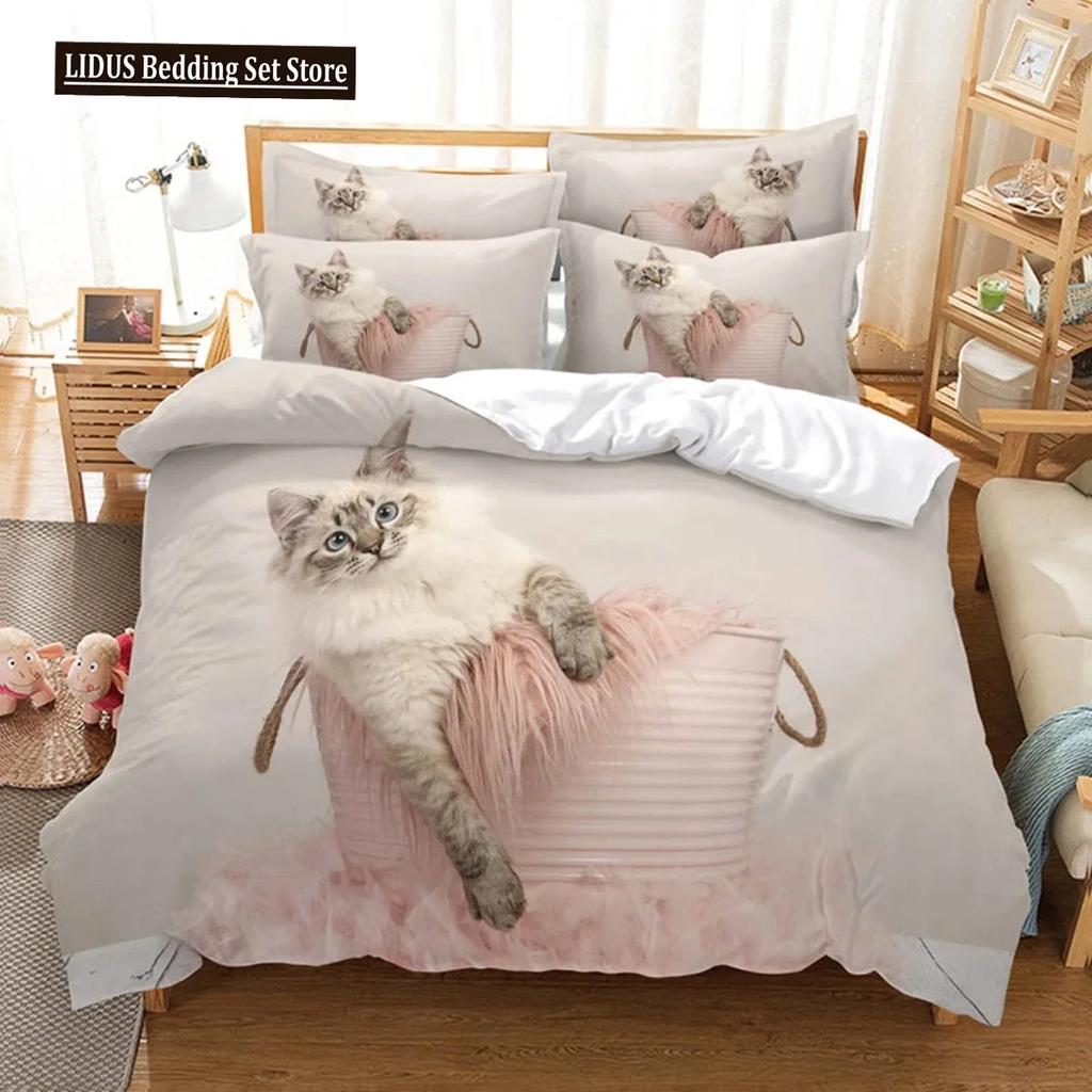 3D Cat Cute Kitten Pattern Duvet Cover Cat Kids Bedroom Decoration Cat Bedding Set For Women Girls Boys Gifts With Zipper 3pcs