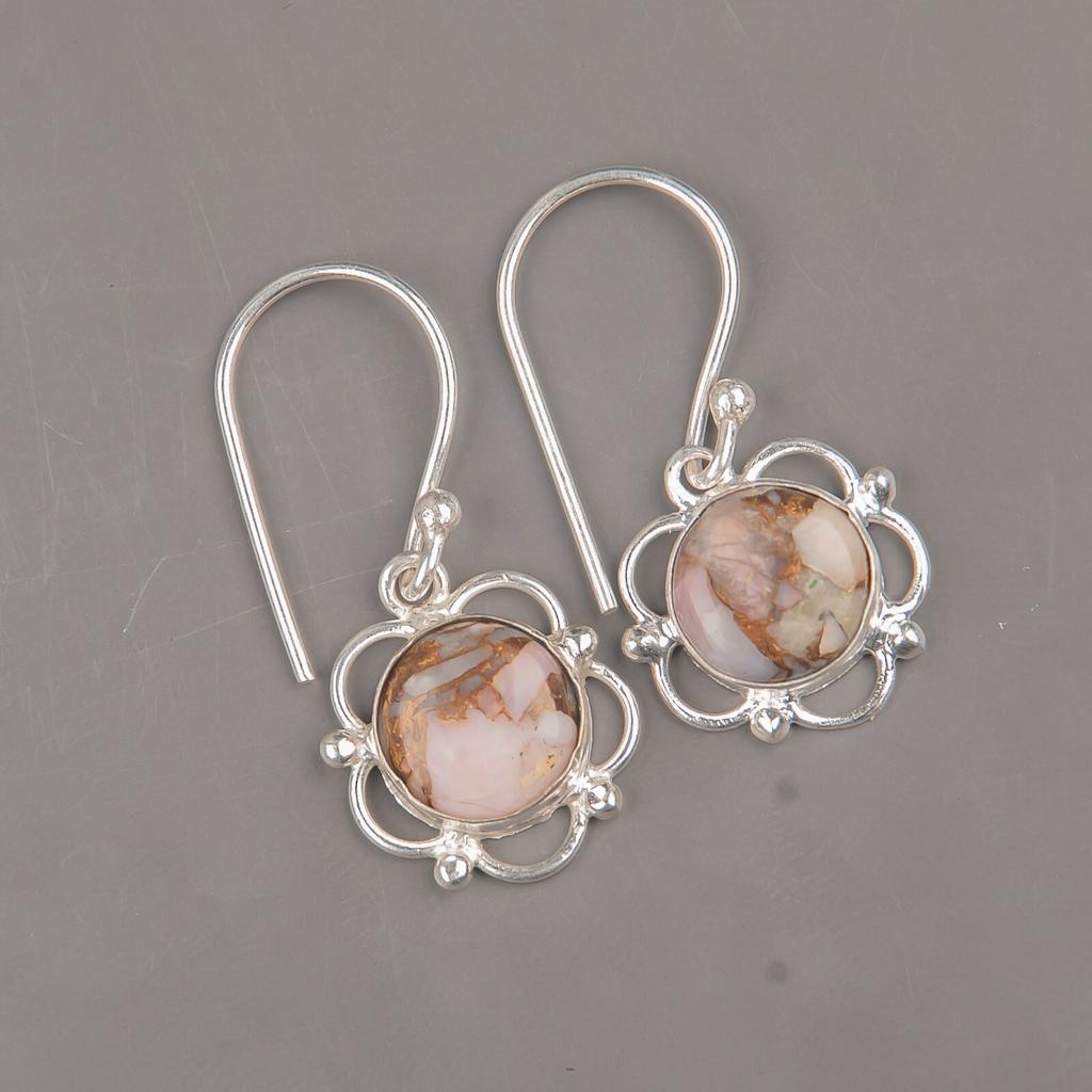 Natural Pink Copper Turquoise Gemstone 925 Sterling Silver Jewelry Hook Earrings EE-56-33