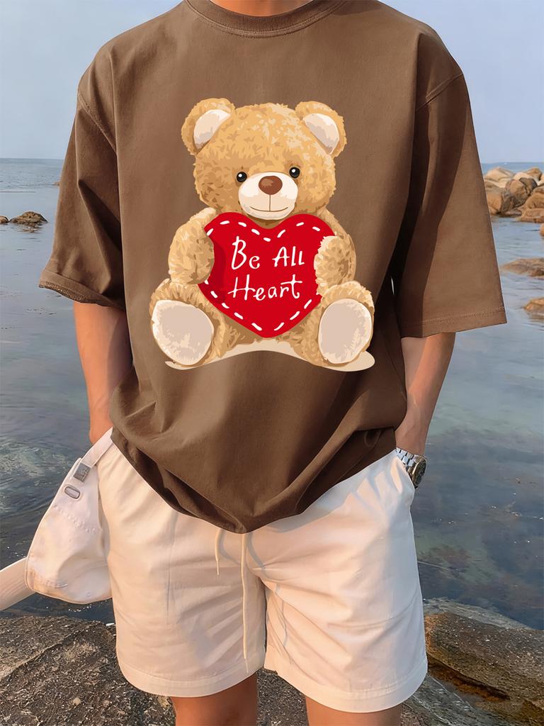 Cartoon Bear Gives You His Heart Prints TShirts Womens Summer Cotton Tops ONeck Soft Loose Short Sleeve Tees Casual Clothes