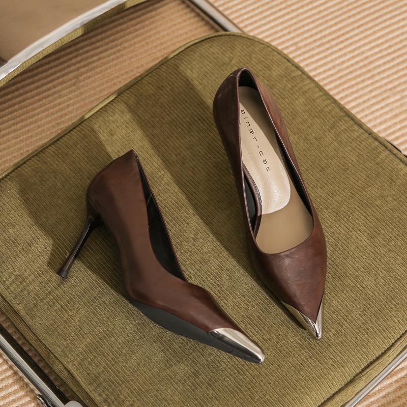 

8862 [овчина] туфли-лодочки на высоком каблуке женские осень 2025 новые ретро с металлической головкой с мелким вырезом туфли-стилет одинарные 39