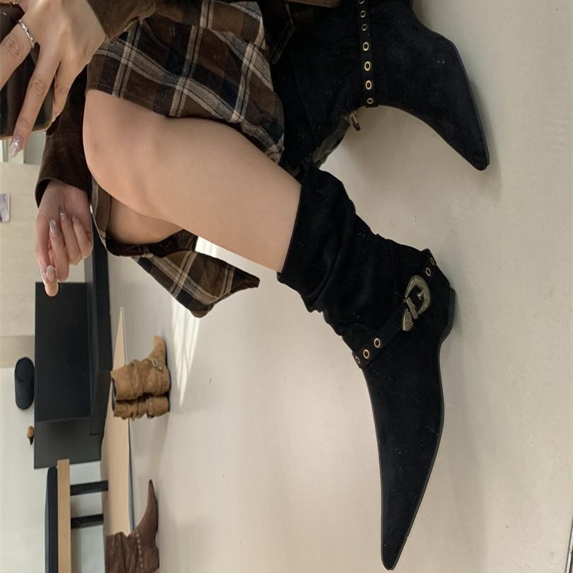 2025 autumn European and American pointed tall tube thin belt buckle knee knight boots western spice girl knight boots