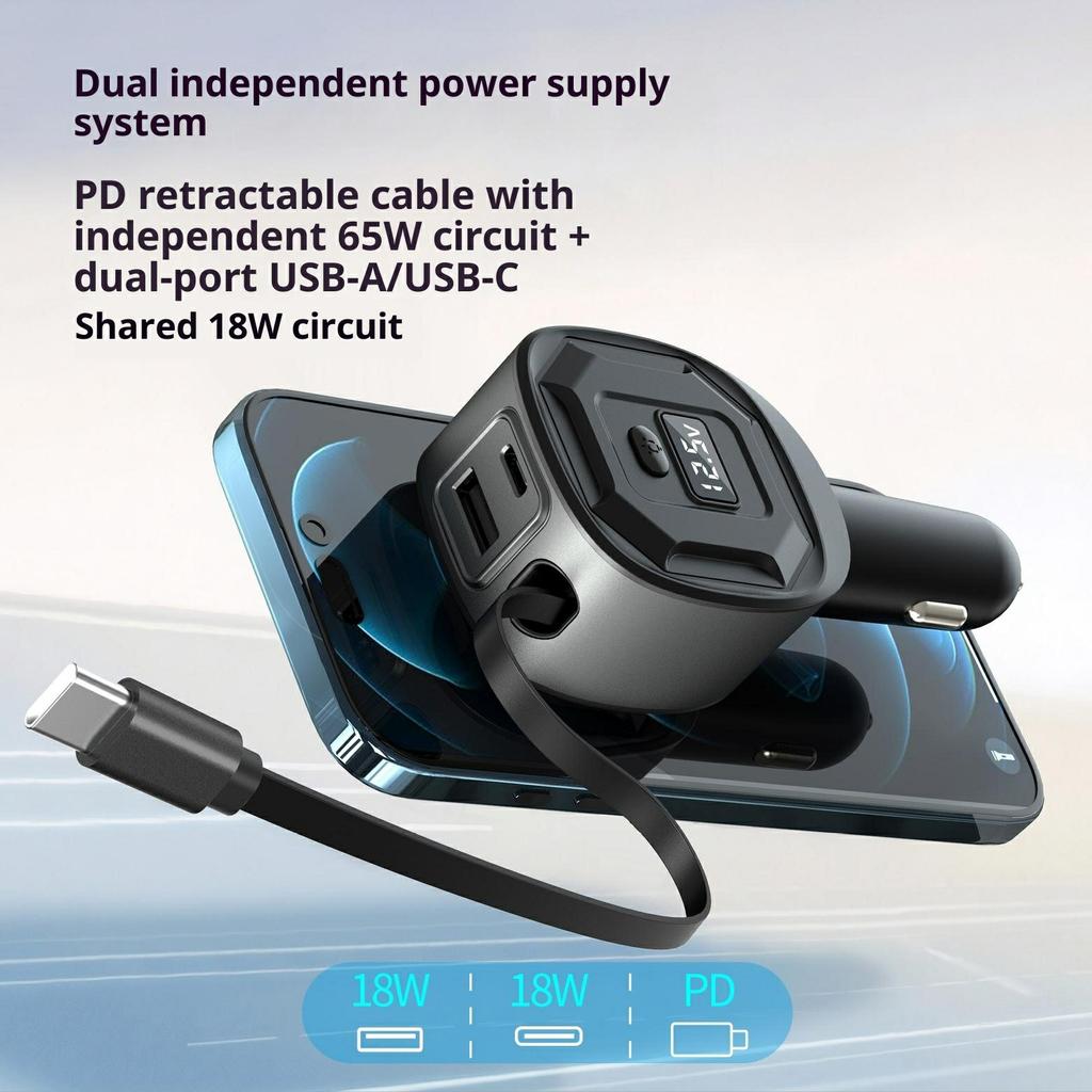 GE10 Voltage Display Car Charger with Retractable Cable PD 65W Fast Charging Adapter Temperature Control Protection
