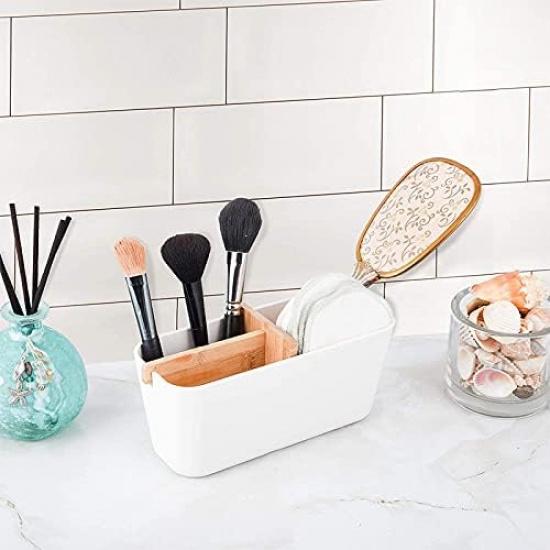 Desk Storage Box, Multifunctional Bamboo Deskstop Organizer with Wooden Partition Remote Control, Holder Pencil, Holder Pen, Vanity Table for Office