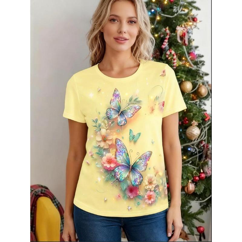 

Женская футболка с коротким рукавом большого размера с 3D-принтом бабочек, свободная и повседневная, мягкая, удобная и дышащая, для занятий спортом на открытом воздухе 6XL жёлтый