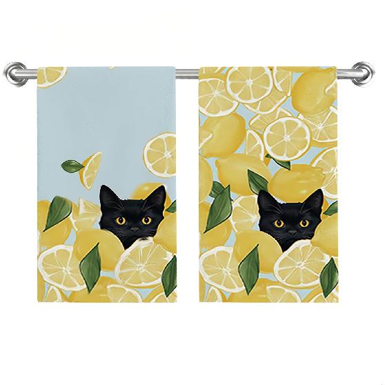 Yellow Lemon Kitchen Towels Dish Towels Set of 2,Black Cat Summer Seasonal Holiday Hand Towels 18x26 Inch Drying Dishcloth,Summer Dish Towels for