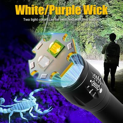 Lampe de poche UV rechargeable Type-C 2-en-1 Lumière torche 395nm Lumière noire Portatif Lumière ultraviolette Animaux de compagnie Lumière noire Lampes de poche UV
